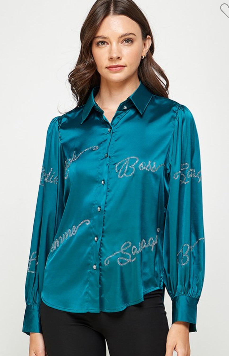 Long SLV Button Down Rihnestone Satin