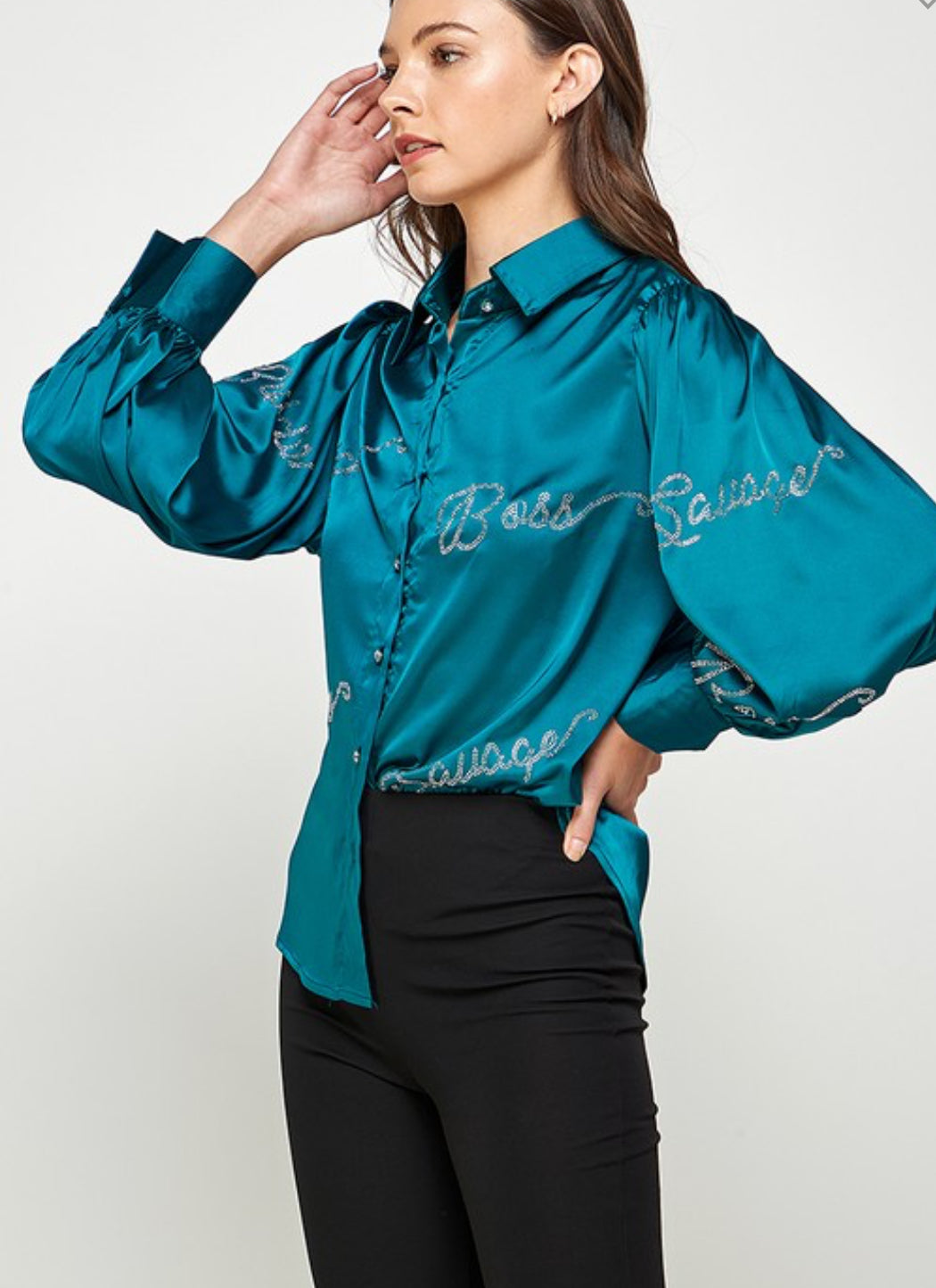 Long SLV Button Down Rihnestone Satin