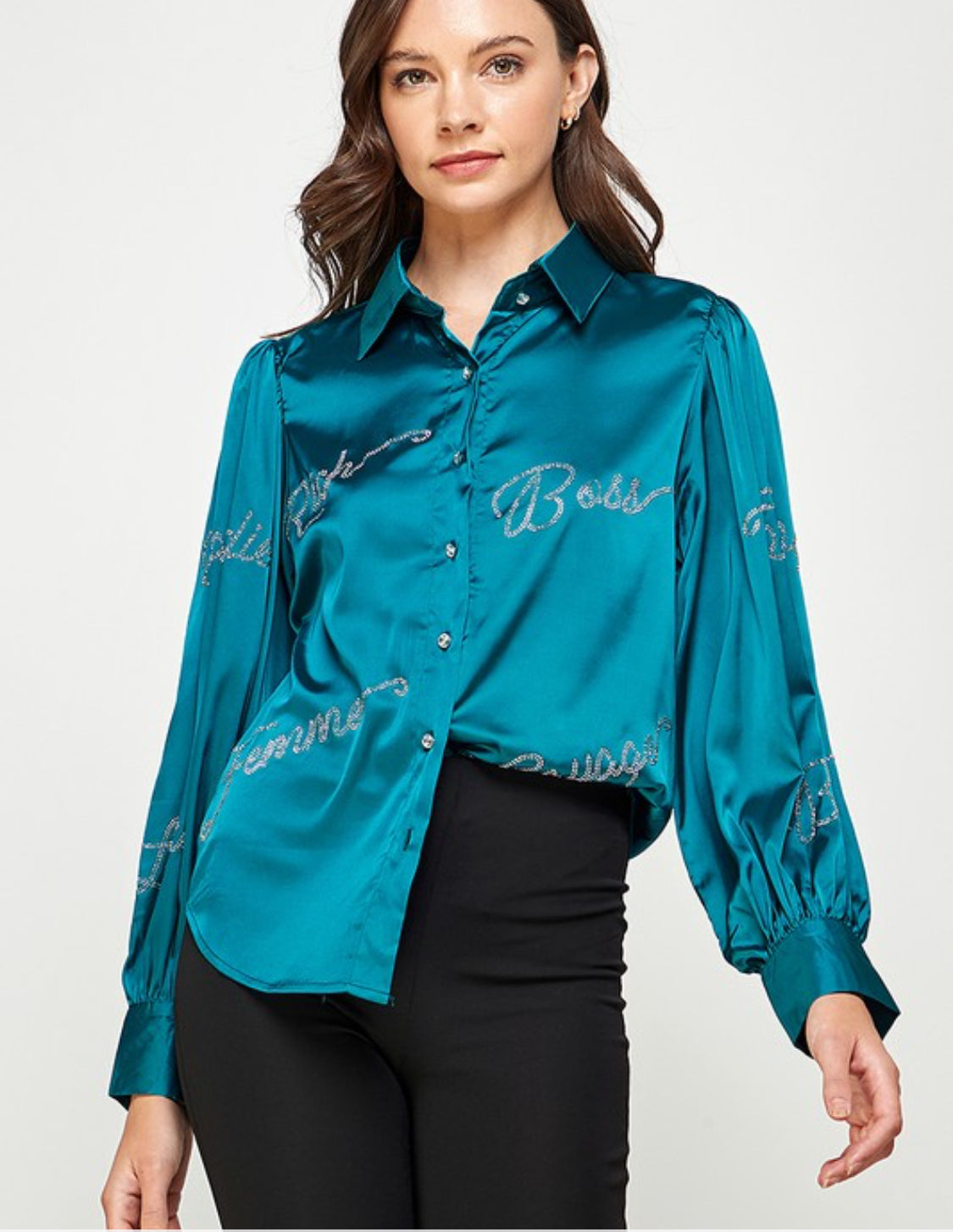 Long SLV Button Down Rihnestone Satin